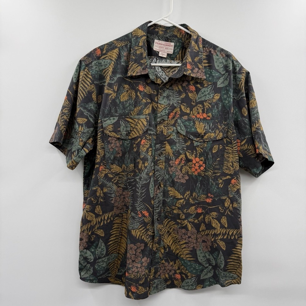 Filson Mens L Short Sleeve Button Up Shirt Dark Tropical Leaf Print Camp